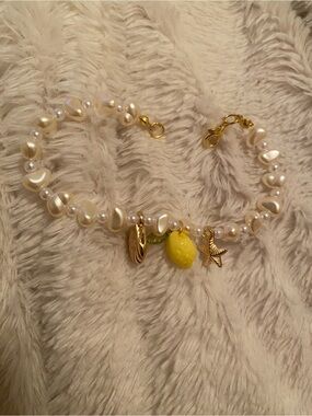 Pearl Charm Bracelet with Yellow Lemon and Gold Accents - Women Jewelry